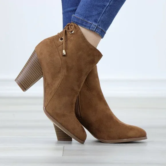 Brown Faux Suede Pointed Toe Low Heel Ankle Boots Back Laces Booties - Picture 6 of 12